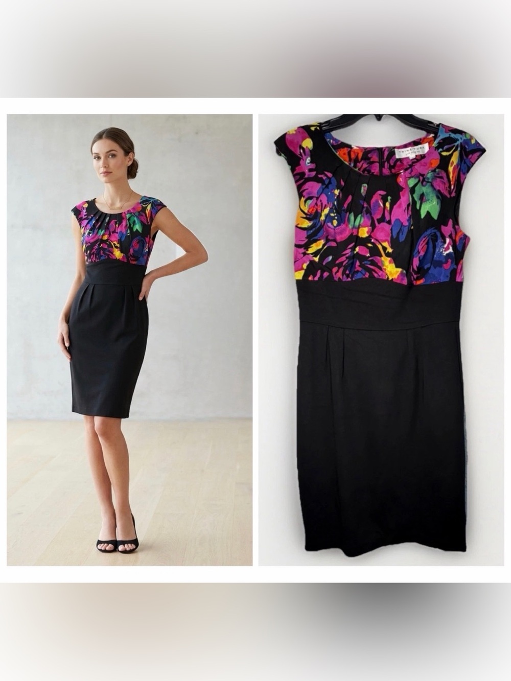 Trina Turk Colorful Floral 100 Percent Silk Sheath Dress Black Lace Slip Sz 6